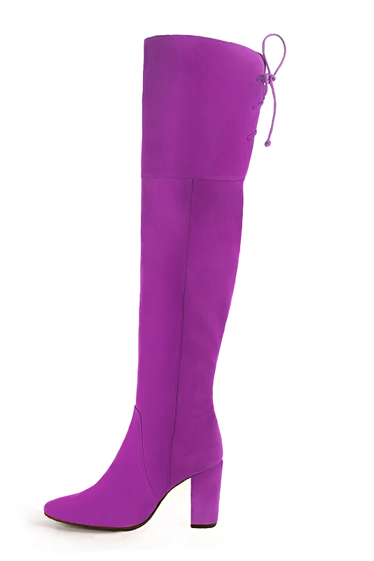 Mauve purple women's leather thigh-high boots. Round toe. High block heels. Made to measure. Profile view - Florence KOOIJMAN